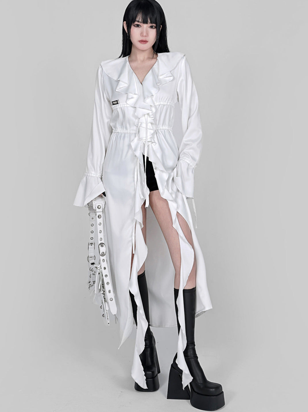 Ruffle Lace Drawstring Waist Shirt Extra Long Jacket