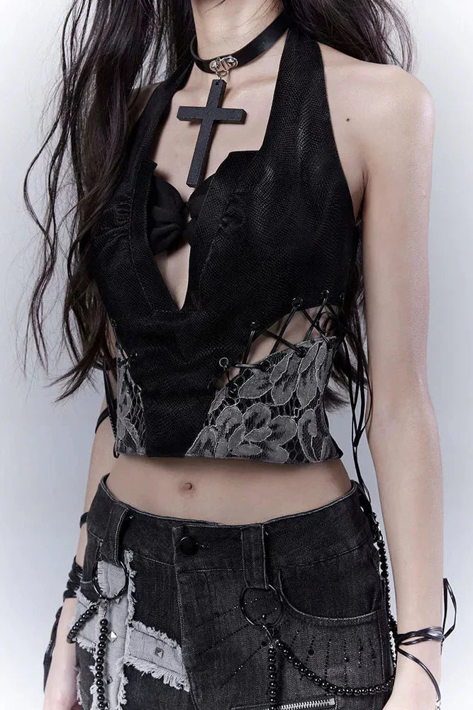 Dark Lace Patchwork Leather Camisole