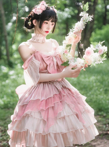 Sweet Pink Ribbon Wedding Lolita Dress + Waist Chain + Tail + Hair Accessory + Accessory
