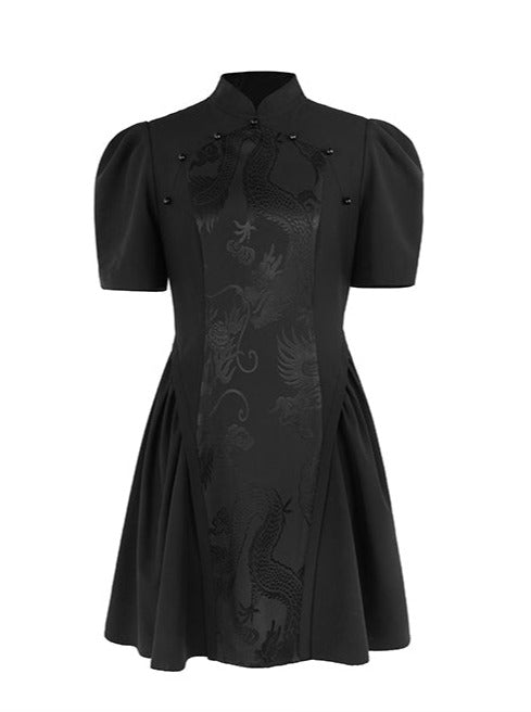Jacquard Retro Puff Sleeve Chinese-style Dress