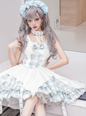 Punk Rock Halterneck Irregular Plaid Suspender Dress + Head Accessories