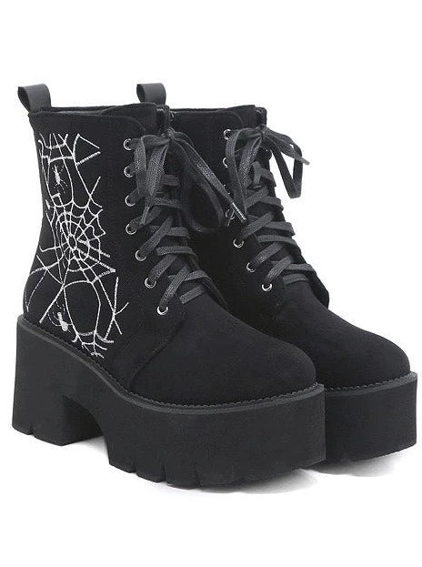 Spider Design Matte Black Short Boots