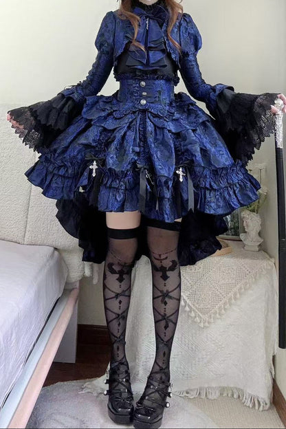 [pre-order Deadline: March 31] Cross Nocturne Gothic Dark Stripe Layered Top + Cross Rose Stripe Pull Up Skirt