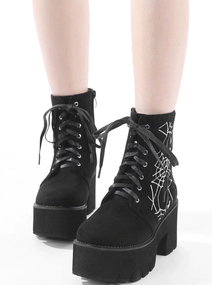 Spider Design Matte Black Short Boots