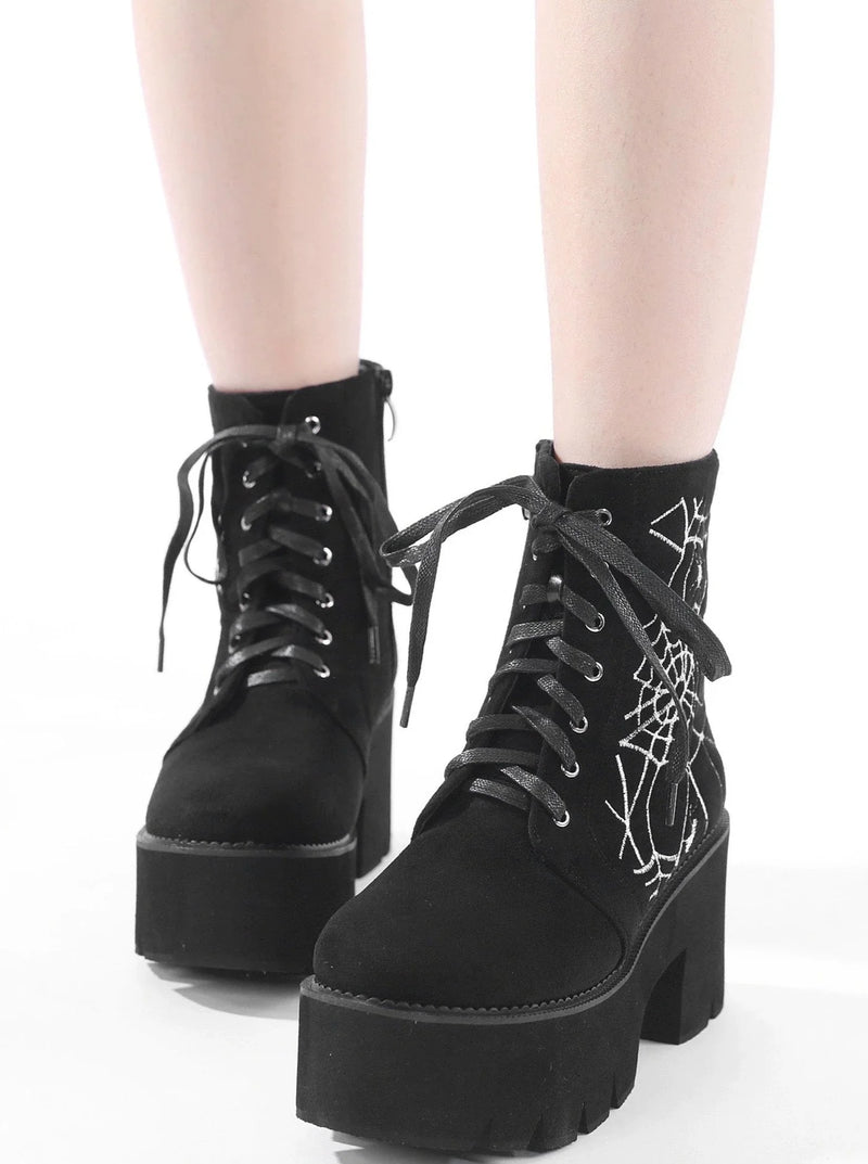 Spider Design Matte Black Short Boots