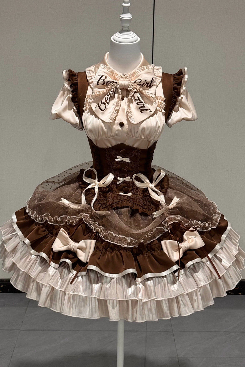 [order Deadline: May 12] Café Mocha Lolita Idol Ribbon Puff Sleeve Shirt + Corset Tulle Pull-up Jks Dress Set