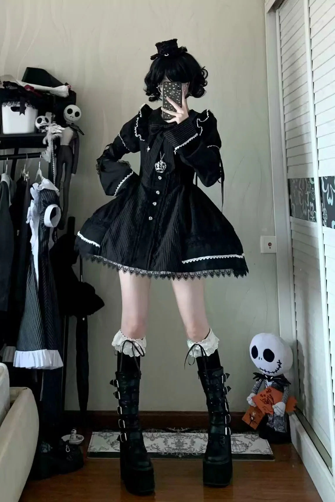 Gothic Doll Striped Lolita Dress + Sleeves