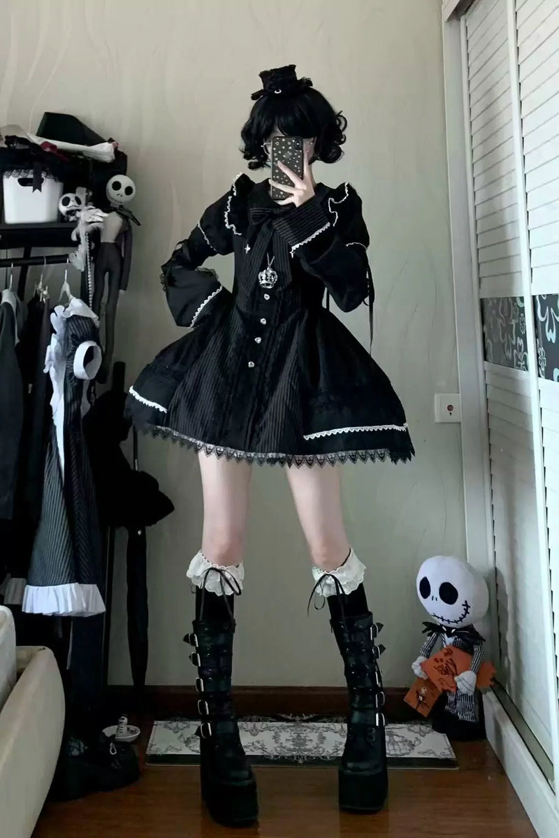 Gothic Doll Striped Lolita Dress + Sleeves
