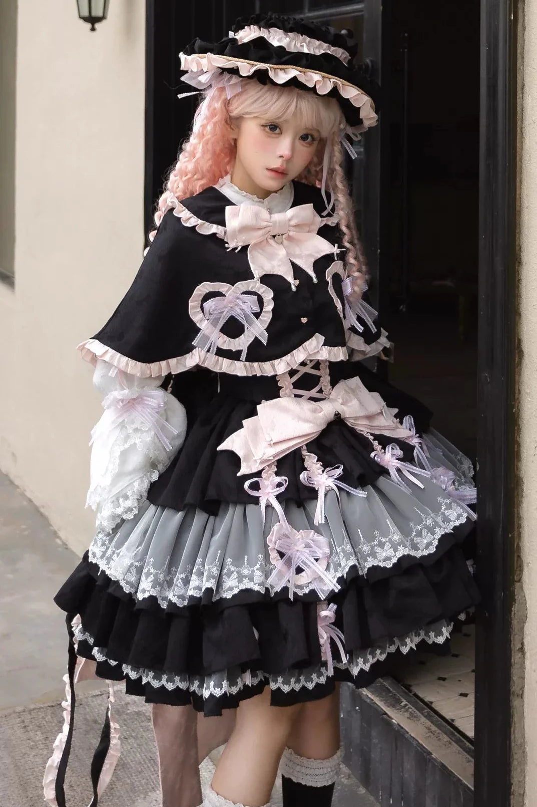 Layered Ruffle Sweet Princess Lolita Jumper Skirt + Tail + Headband + Cape + Bonnet
