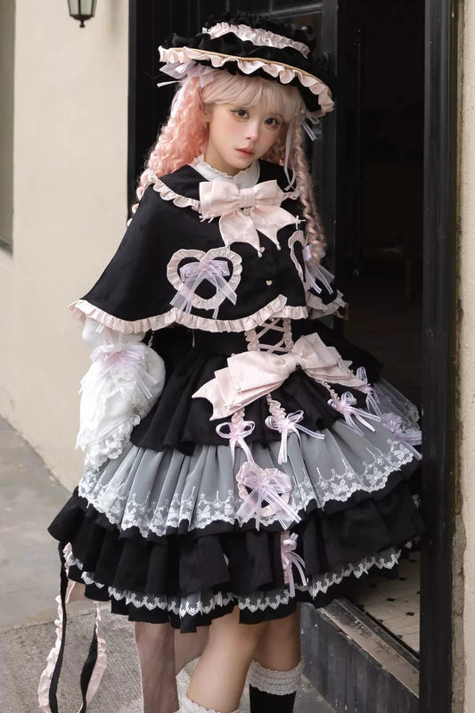Layered Ruffle Sweet Princess Lolita Jumper Skirt + Tail + Headband + Cape + Bonnet