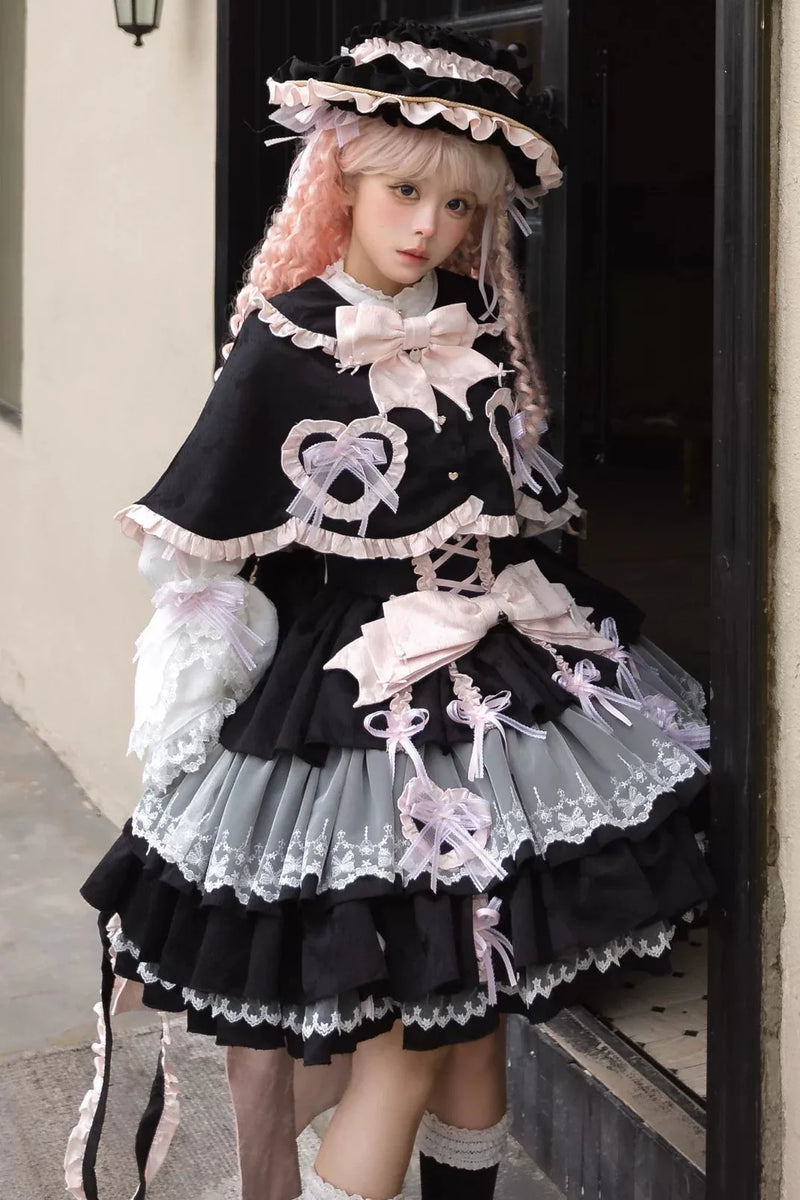 Layered Ruffle Sweet Princess Lolita Jumper Skirt + Tail + Headband + Cape + Bonnet