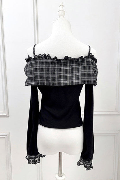 Off-shoulder Lace Ribbon Strap Knit Top