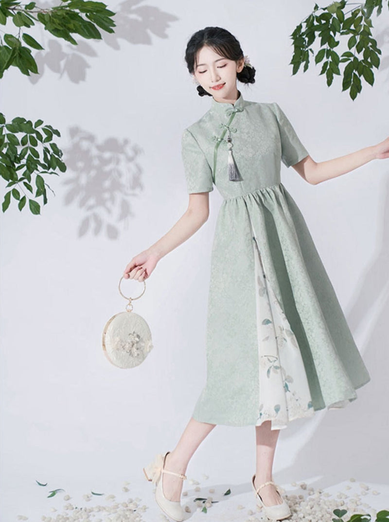 Retro Buckle Stand Collar High Waist Chinese-style Dress