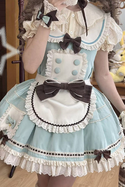 [pre-order Item]chocolate Mint Sailor Collar Girly Maid Dress + Cake Hat