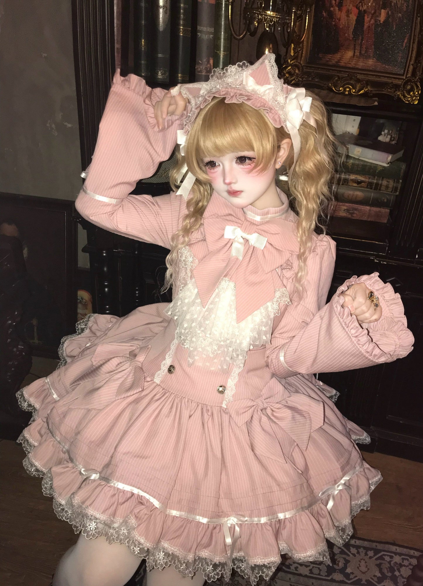 [pre-order Deadline: April 25] Phantom Cat Sweet Ribbon Stripe Lace Bell Sleeve Lolita Dress