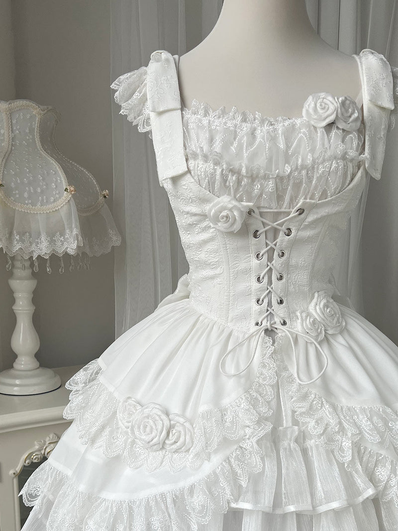 Lolita Wedding Rose Lace-up Tiered Bustier & Suspender Dress Set