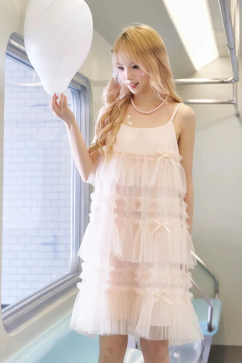 Pink Ruched Mesh Camisole Dress
