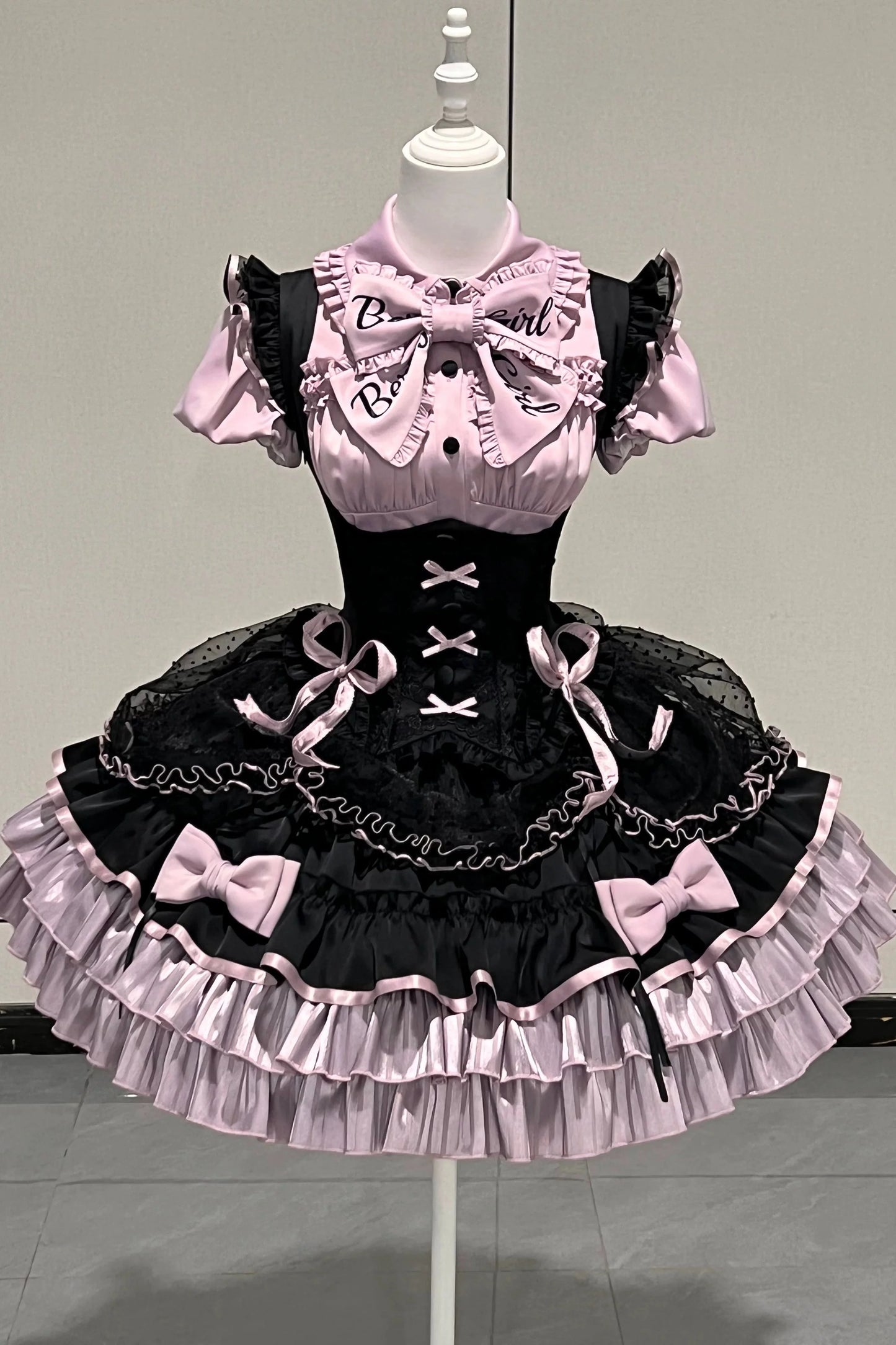 [order Deadline: May 12] Black Purple Lolita Idol Ribbon Puff Sleeve Shirt + Corset Tulle Pull-up Jks Dress Set