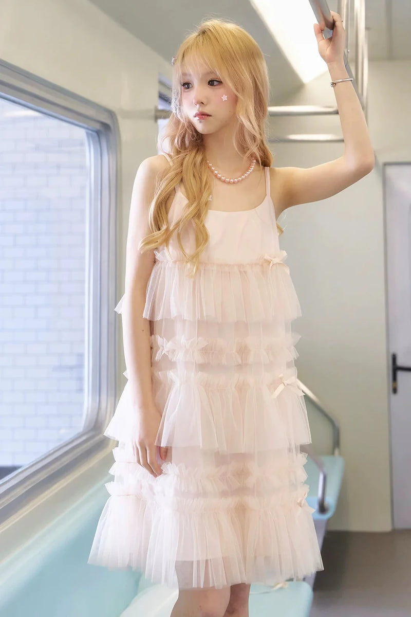 Pink Ruched Mesh Camisole Dress