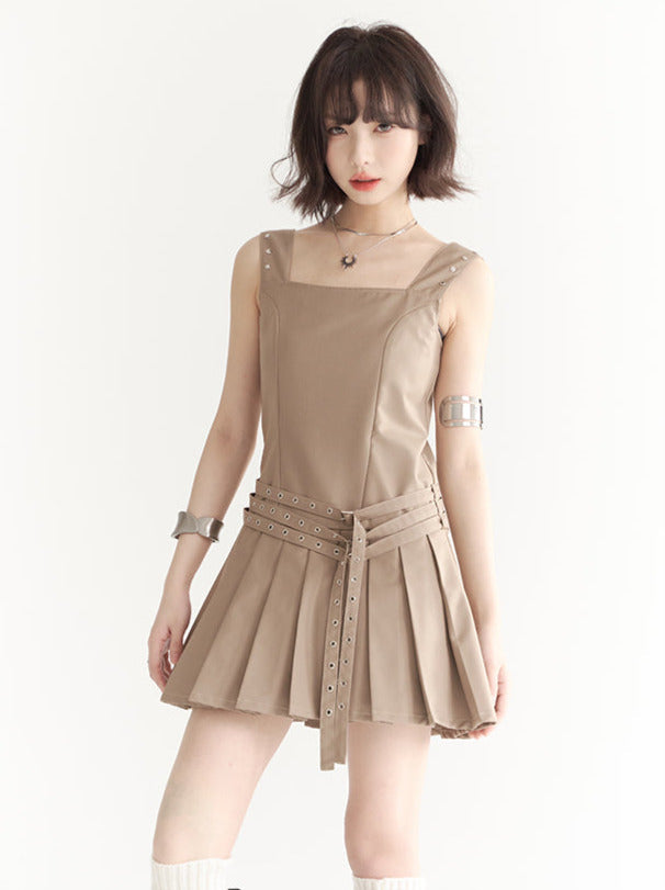 Retro Design Strap Short Pleated Vest Dress