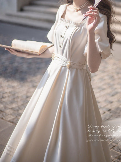 French Retro Apricot Square Collar Dress + Pearl Satin Belt [pre-order]