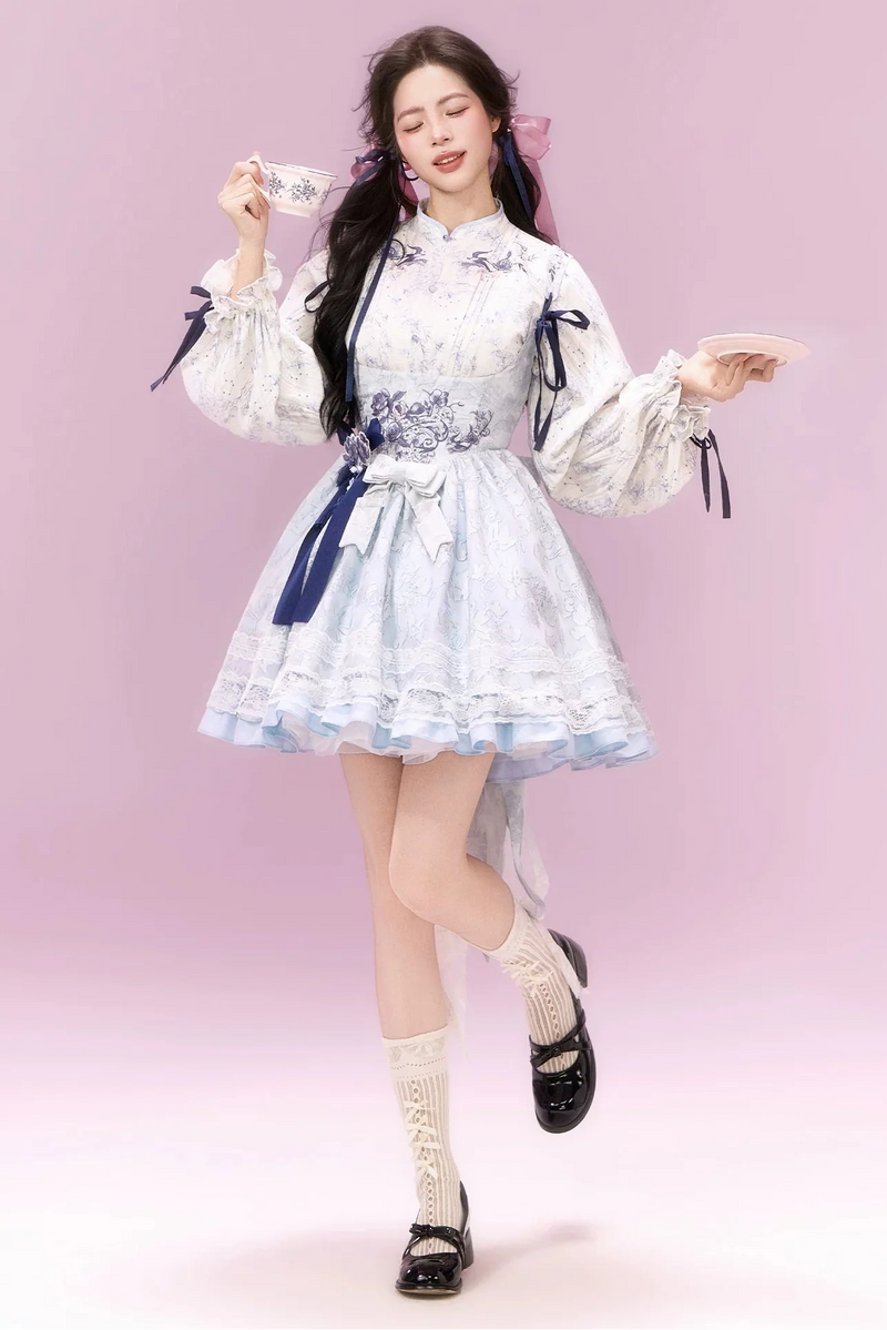 Sweet Chinese-style Dress + Top + Ribbon