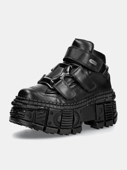 Dark Punk Style Platform Leather Metal High-top Shoes [plain/chain Nut]