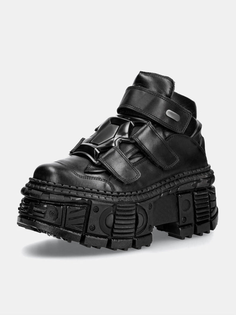 Dark Punk Style Platform Leather Metal High-top Shoes [plain/chain Nut]