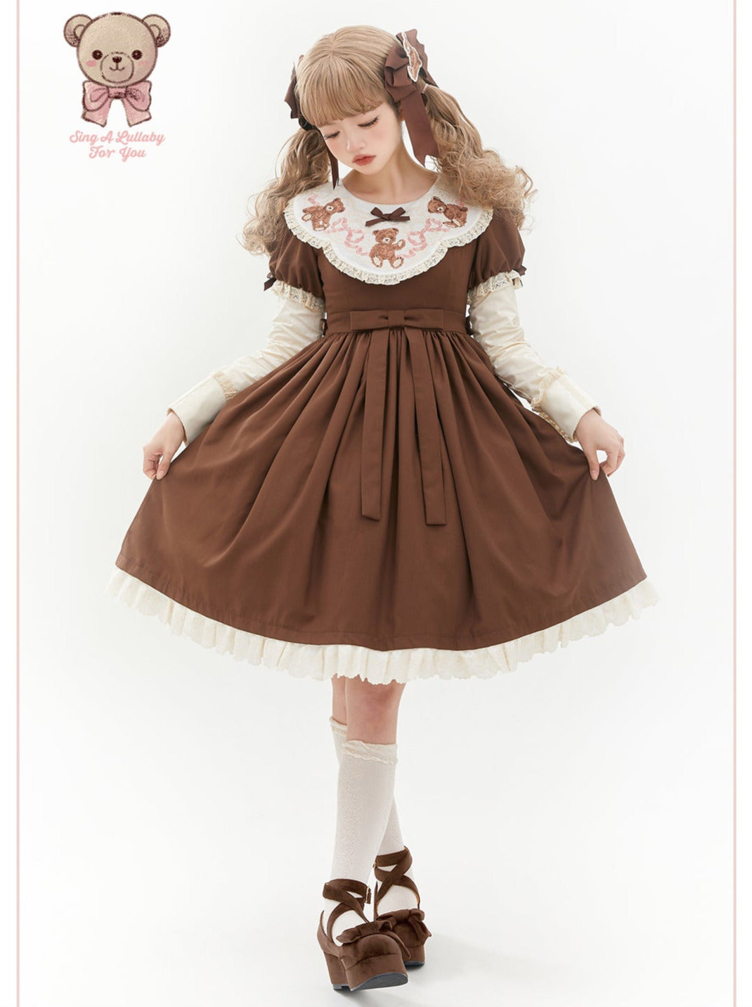 [pre-order] Lolita Teddy Bear Flap Lace Puff Sleeve Ribbon Dress
