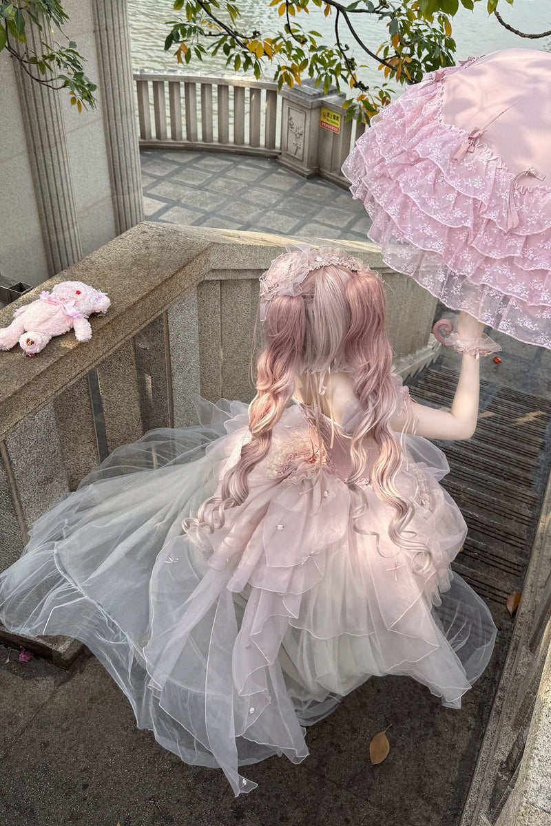 [pre-order Deadline: May 13] Pink Ballet Lolita Lace Ribbon Bustier Corset Top + Pull-up Tulle Tiered Skirt Set + Back Ribbon Train