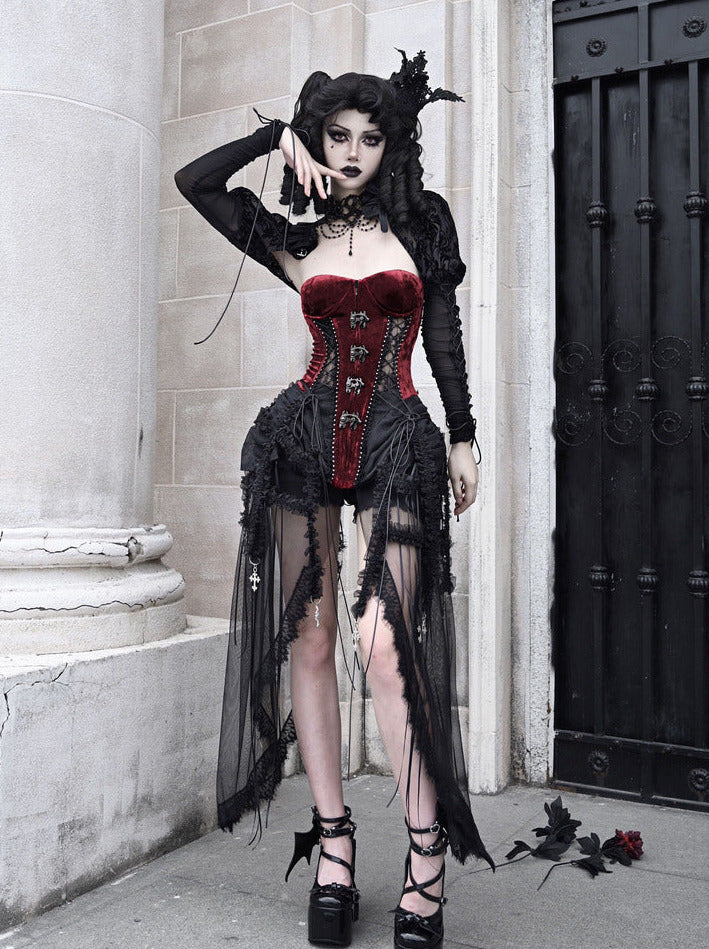 Hell Alice Gothic Dark Fishbone Strap Corset Tulle Dress Set