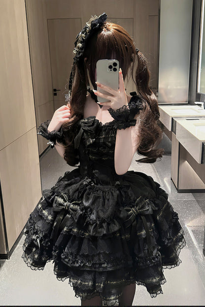 Tricolor Dark Gothic Ribbon Dress + Accessories