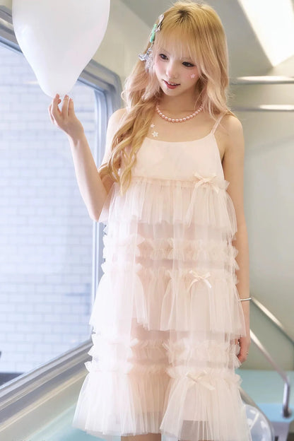 Pink Ruched Mesh Camisole Dress