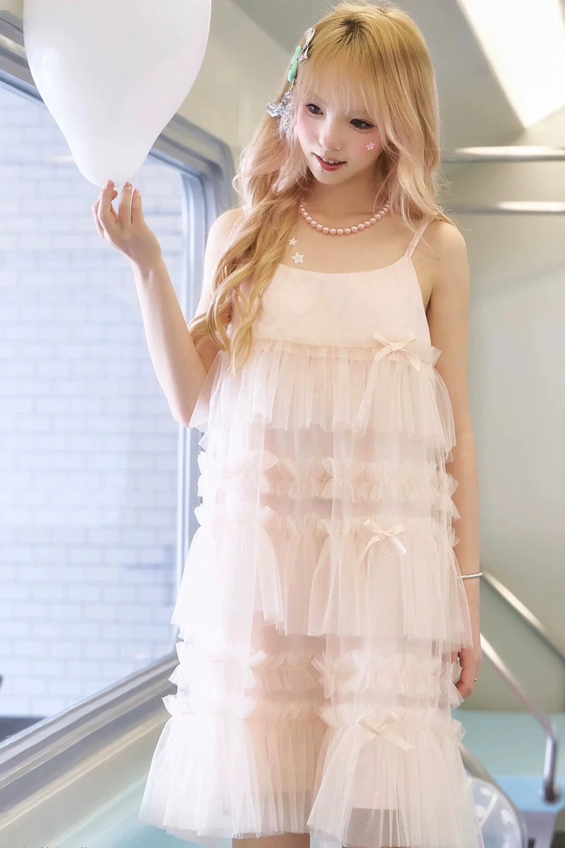 Pink Ruched Mesh Camisole Dress