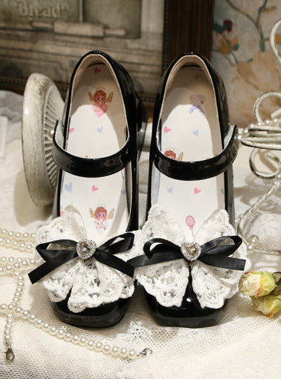 Lolita French Lace Ribbon Square Toe Love Heel Shoes