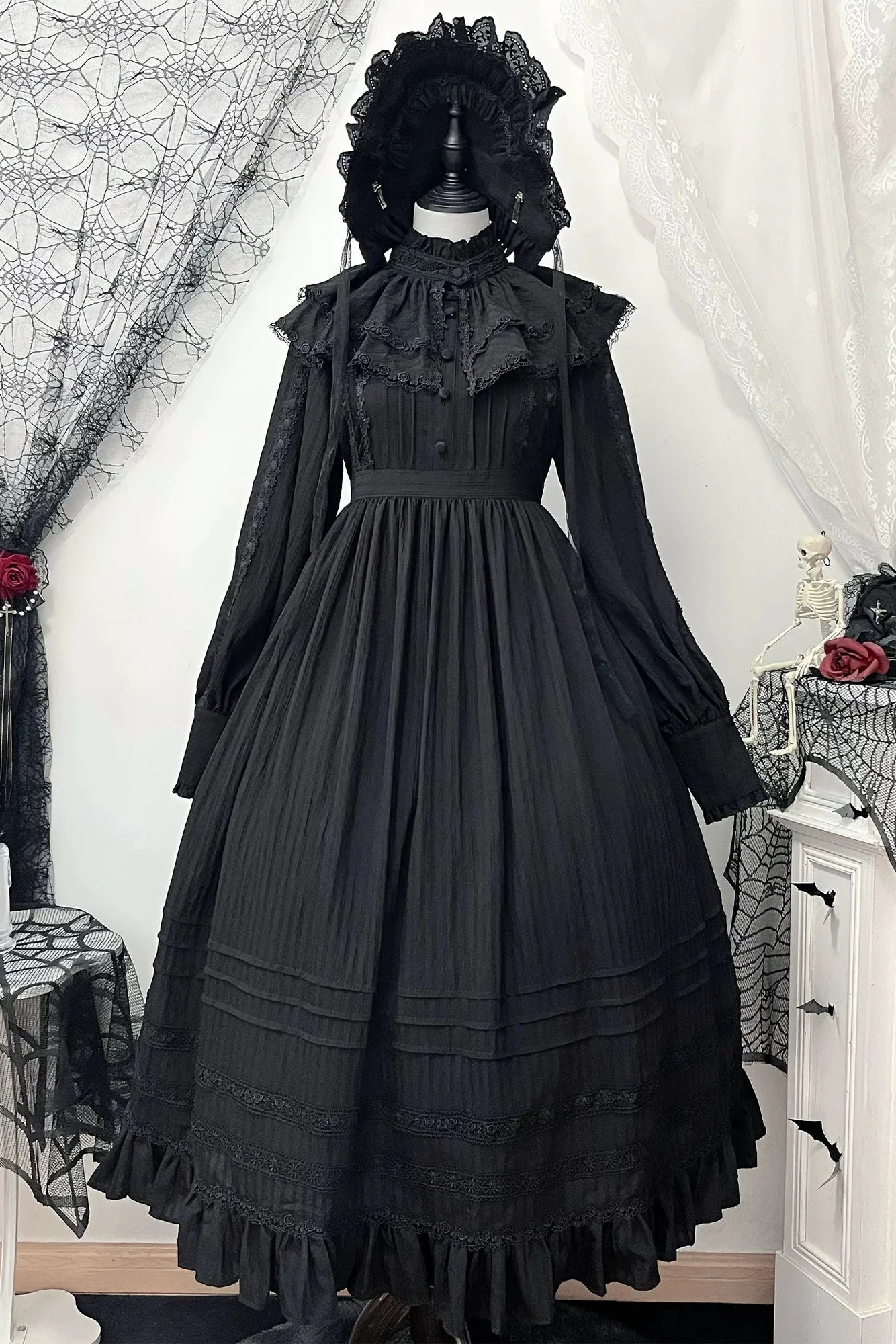 Dark Gothic Long Dress + Lace Collar