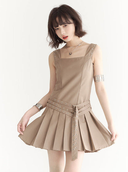 Retro Design Strap Short Pleated Vest Dress
