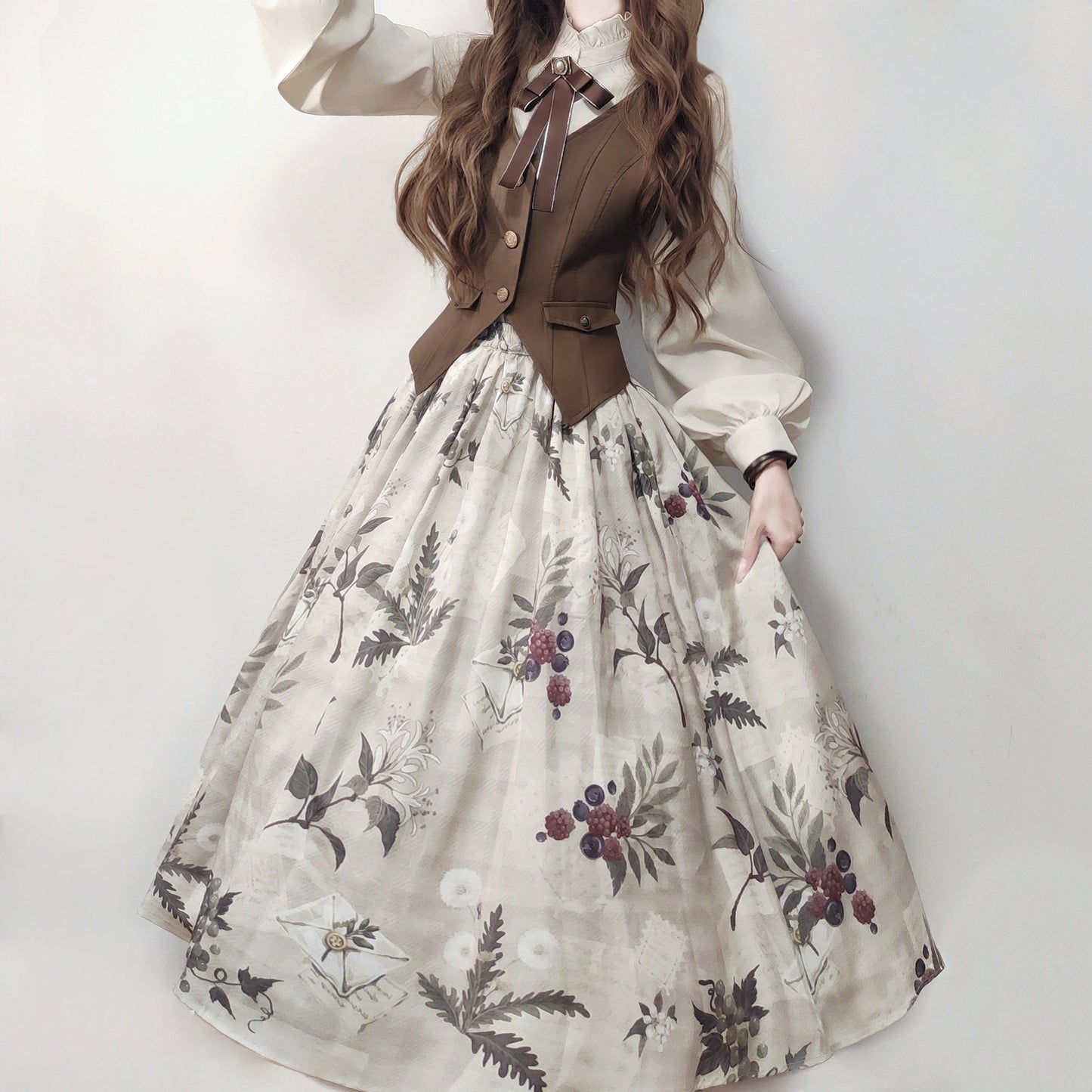 Retro Long Coat + Skirt + Shirt + Vest