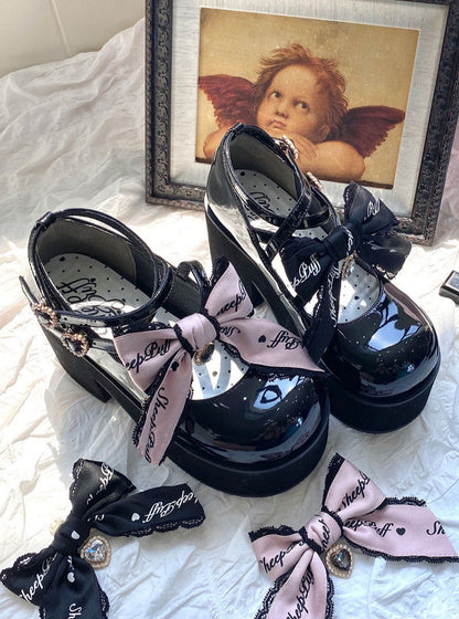 Black Pink Jewel Ribbon Platform Shoes