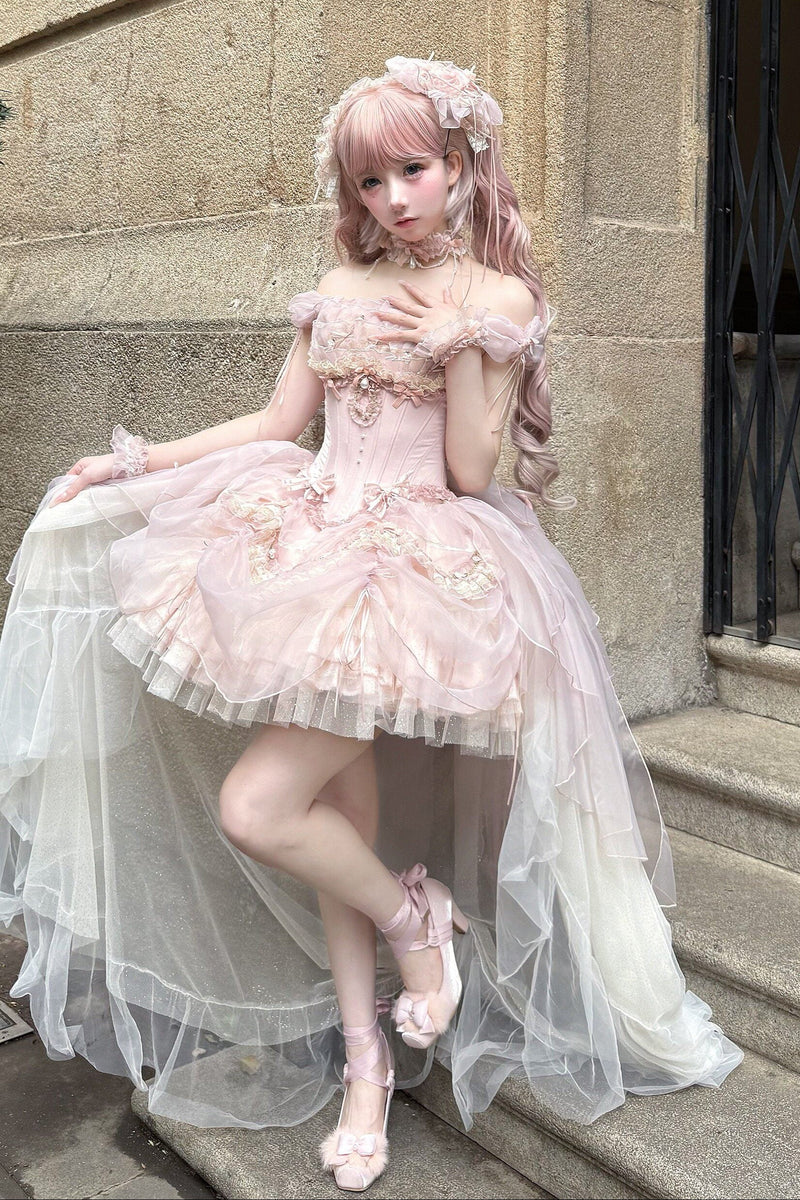 [pre-order Deadline: May 13] Pink Ballet Lolita Lace Ribbon Bustier Corset Top + Pull-up Tulle Tiered Skirt Set + Back Ribbon Train
