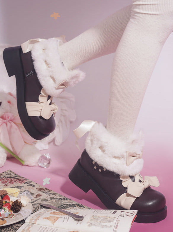 Snow Lolita Mid-heel Color Block Ribbon Sweet Velvet Short Boots