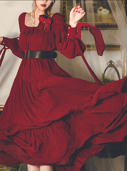 French Puff Strap Sleeve Tiered Ribbon Dress