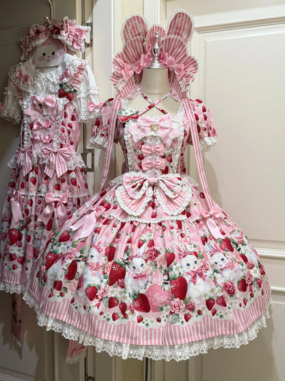 [pre-order Deadline: April 29] Strawberry Rabbit Print Lace Ribbon Sweet Dress + Complete Set