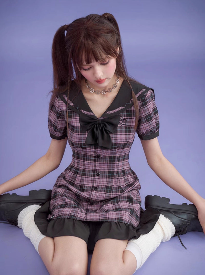 Cool Girly Sailor Checkered Dress