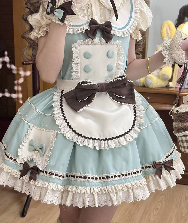 [pre-order Item]chocolate Mint Sailor Collar Girly Maid Dress + Cake Hat