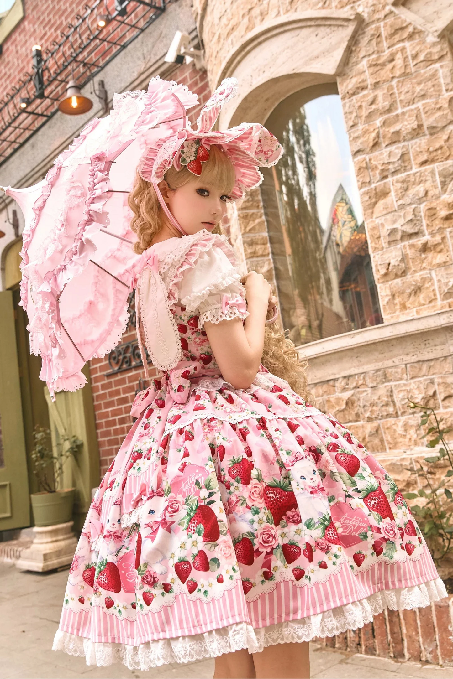 [pre-order Deadline: April 29] Strawberry Rabbit Ear Ribbon Shirt + Ruffled Shoulder Lace Ribbon Jk School Uniform Dress + Full Set/complete Set