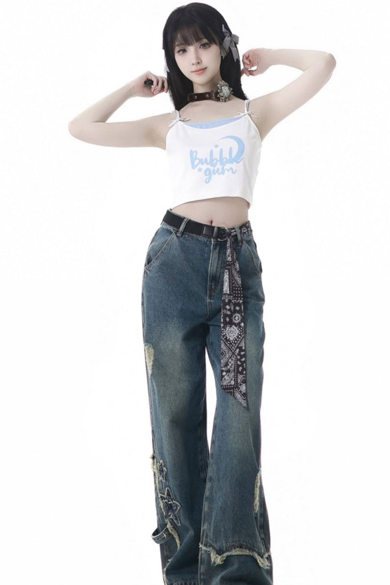 Plaid Shirt + Camisole + Denim Pants