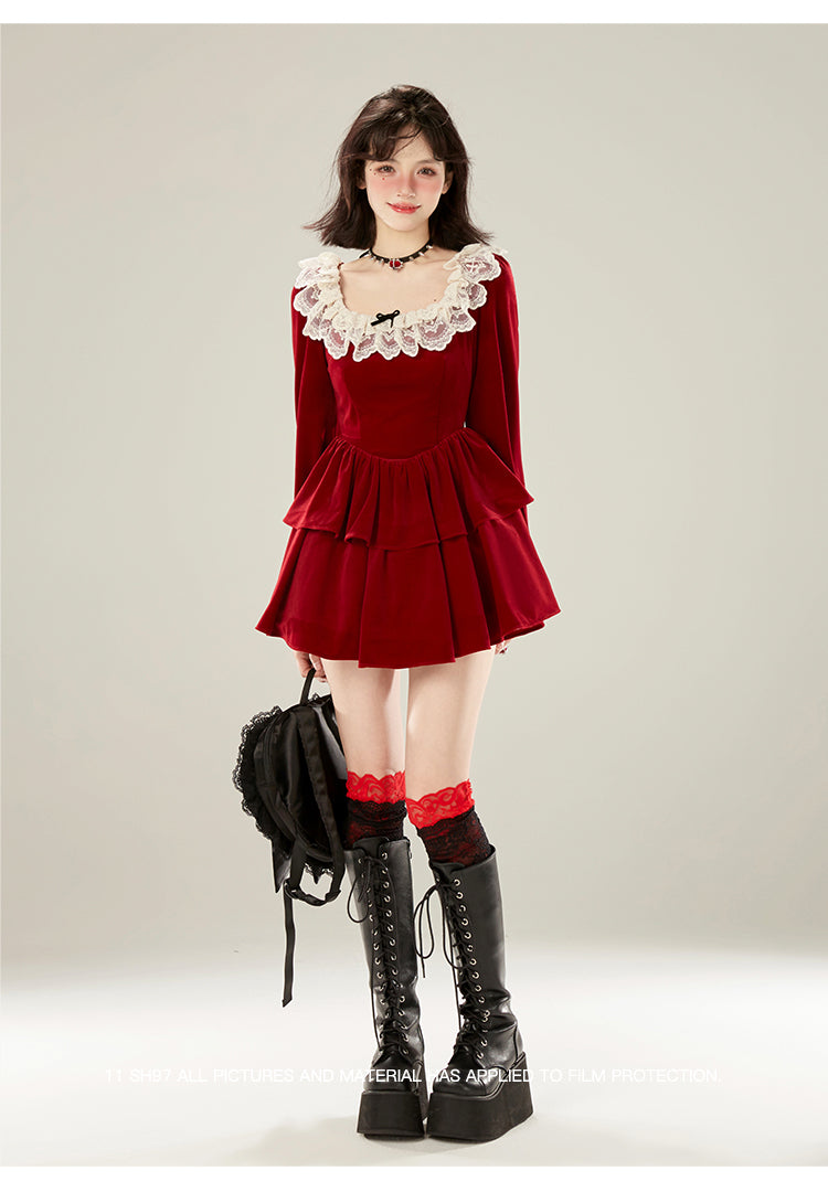 Red Lace Collar Velvet Dress