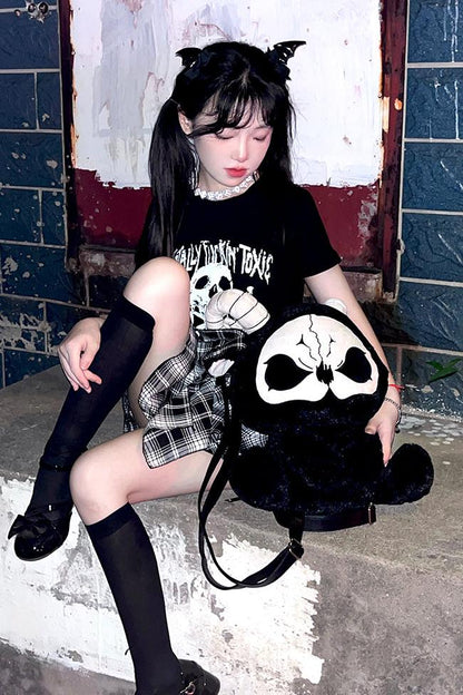 Death Black White and Red Devil Dark Punk Plush Backpack