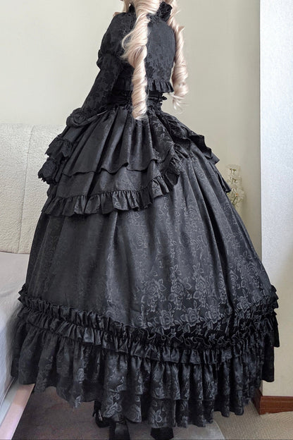 [pre-order Deadline: March 31] Cross Nocturne Gothic Dark Stripe Layered Top + Cross Rose Stripe Pull Up Skirt